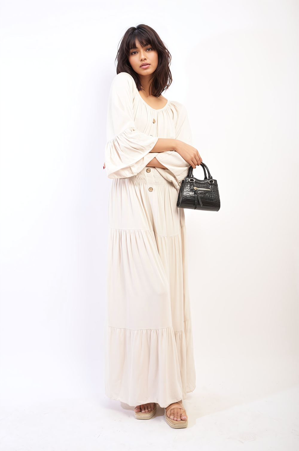 Leah Ruffle Hem Sleeve Shirred Waist Tiered Maxi Dress - ML Beige