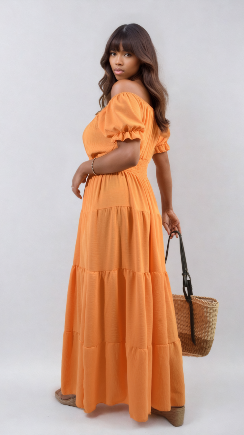 Emmy Smocked Waist Tiered Midi Dress - Elegant, Versatile, and Flattering Silhouette for Any Occasion - SM Orange