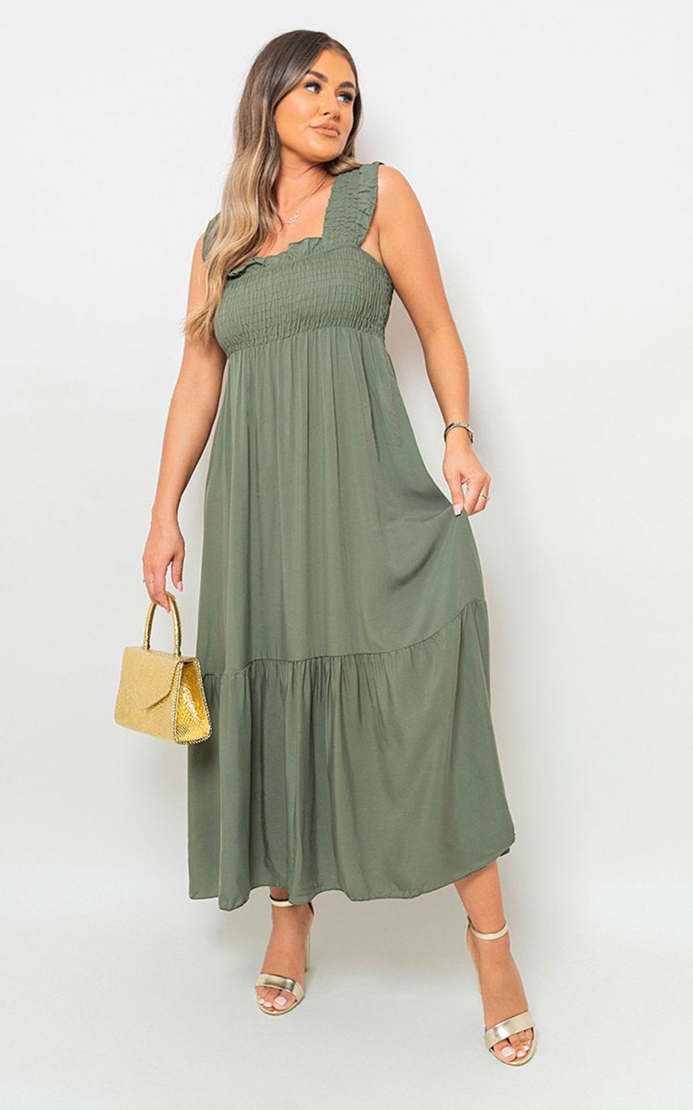 Wide Ruffle Strap Smocked Midi Dress - SM Khaki