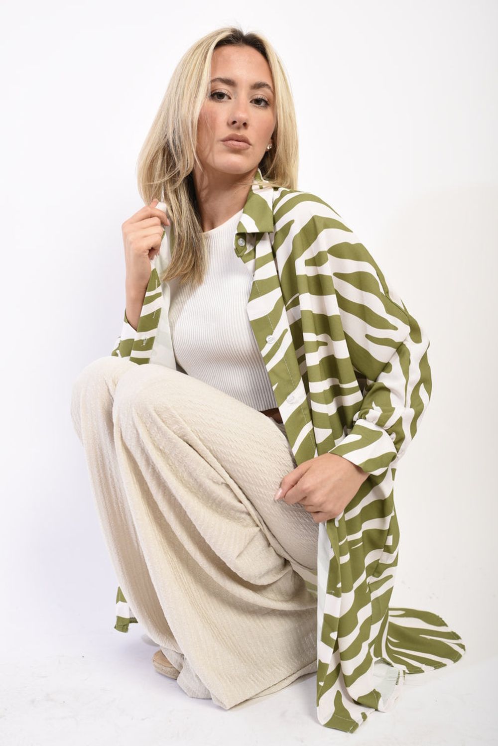 Jodie Long Sleeve Zebra Print Button Down Shirt Dress - Oversized & Chic - SM Khaki