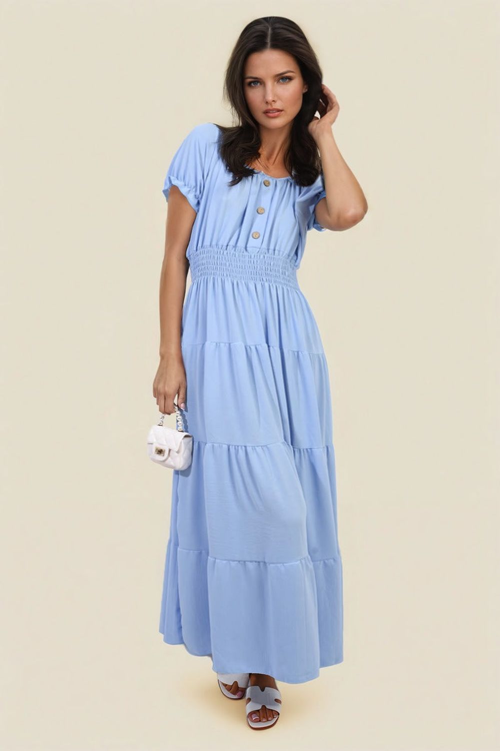 Emmy Smocked Waist Tiered Midi Dress - Elegant, Versatile, and Flattering Silhouette for Any Occasion - SM SKY BLUE