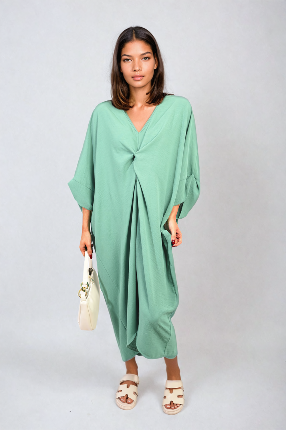 Twist Front Plunge Neckline Relaxed Fit Midi Dress - ML Green