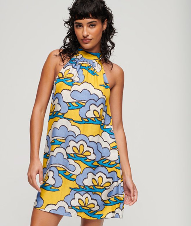 Superdry & Co Women's High Neck Sleeveless Mini Dress Yellow Cloud Yellow Floral - Size: