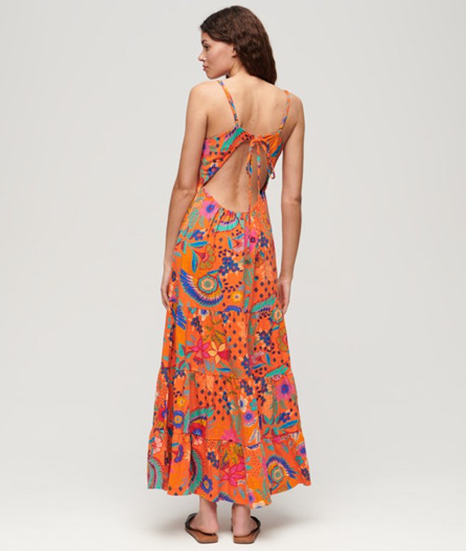 Superdry & Co Women's Slim Fit Floral Smocked Cami Maxi Dress, Orange and Pink, Size: Orangeblue Vera Floral Orange