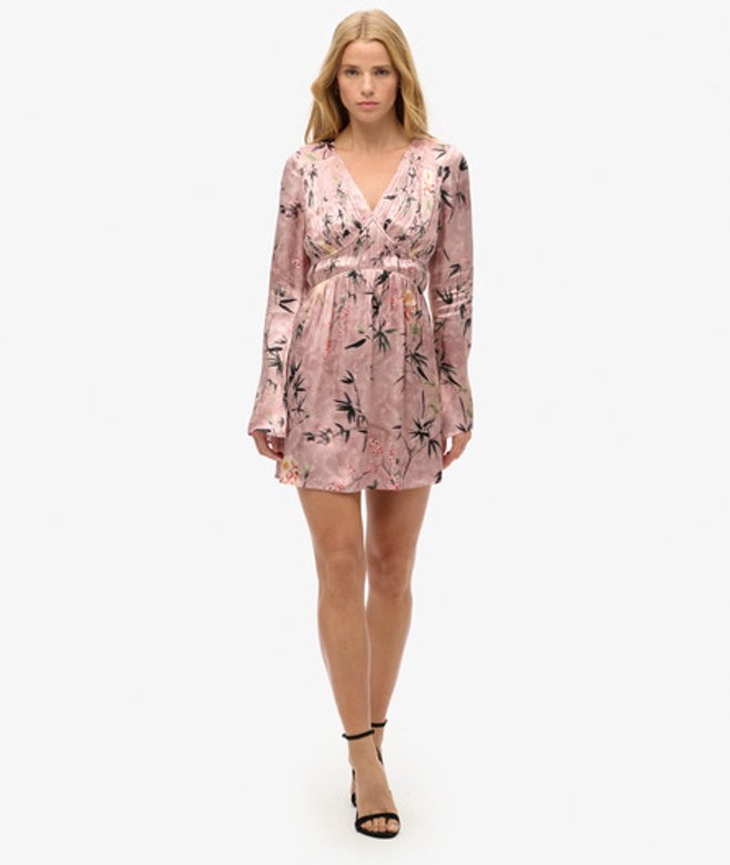Superdry & Co Women's Floral Print Flare Sleeve Jacquard Mini Dress, Pink & Green, Size: