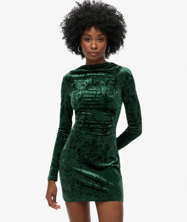 Superdry & Co Women's Velvet Long Sleeve Mini Dress Dark Green Deepest Green - Size: