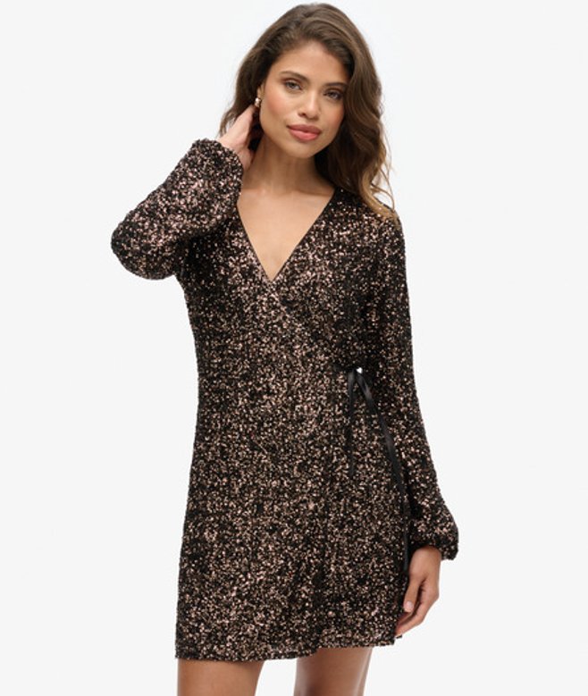 Superdry & Co Women's Slim Fit Sequin Wrap Mini Dress, Dark Brown, Size:
