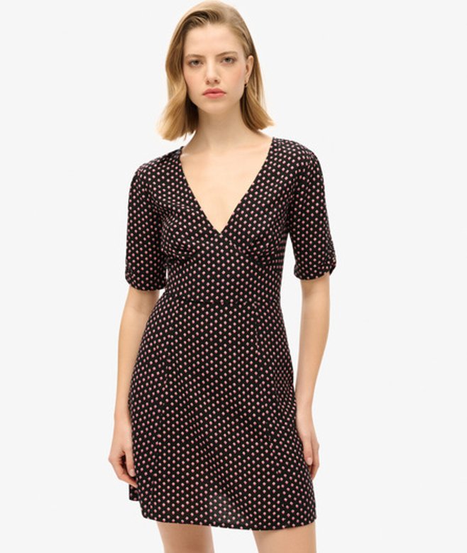 Superdry & Co Women's Printed Short Sleeve Mini Tea Dress, Black & Pink, Size: