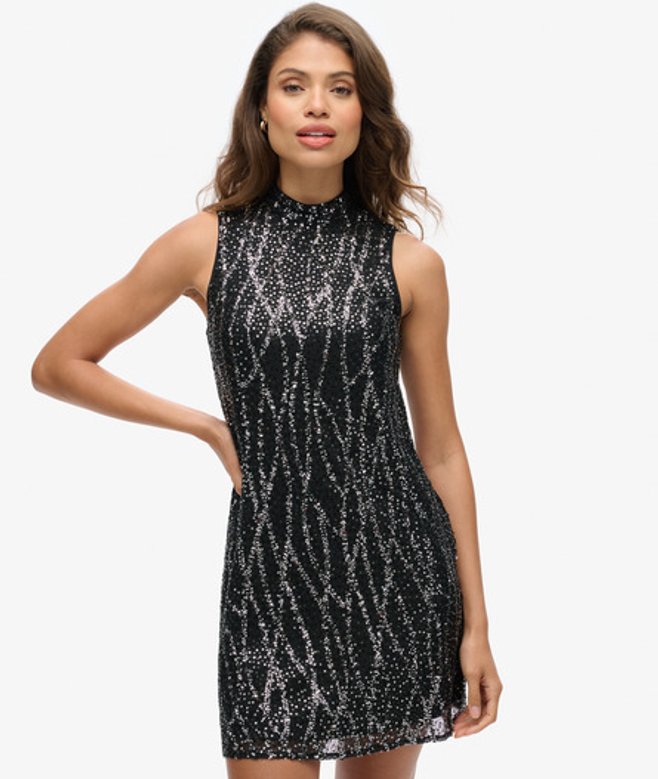 Superdry & Co Women's Sleeveless Sequin A Line Mini Dress Blacksilver Black Sequin - Size: