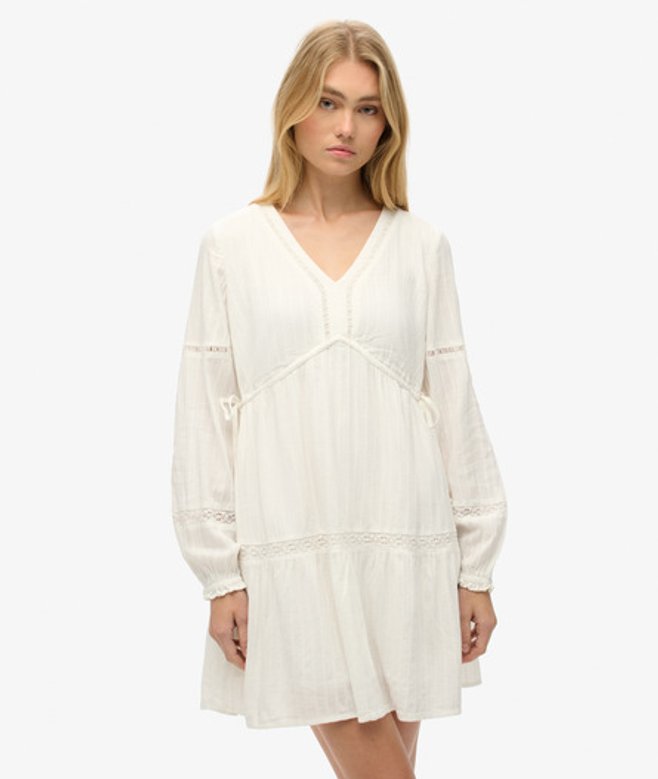 Superdry & Co Women's Ibiza Long Sleeve Tiered Mini Dress White Off White - Size: