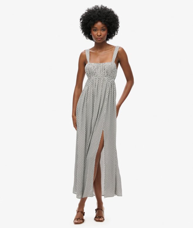 Superdry & Co Women's Geo Printed Tie Back Maxi Dress, White & Black, Size: