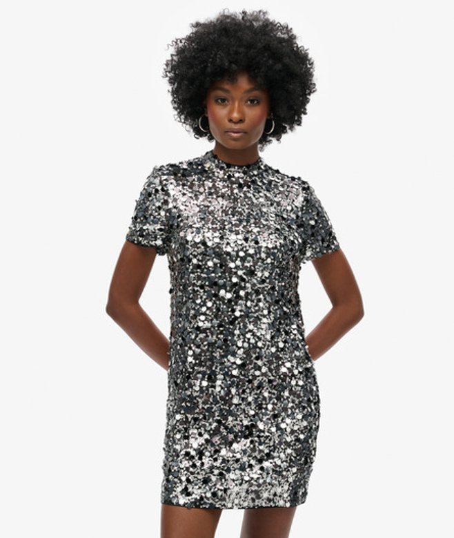 Superdry & Co Women's Sequin shirt Mini Dress Silver Silver Sequin - Size: