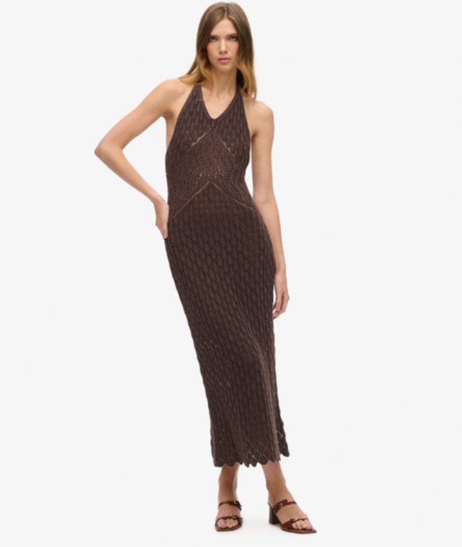 Superdry & Co Women's Cotton Crochet Halter Maxi Dress, Dark Brown, Size: