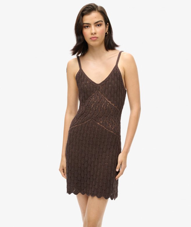 Superdry & Co Women's Relaxed Fit Crochet Cami Mini Dress, Dark Brown, Size: