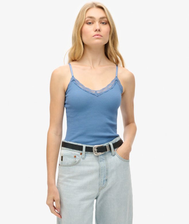 Superdry & Co Women's Athletic Essential Lace Trim Cami Top Blue Wedgewood Blue - Size: -