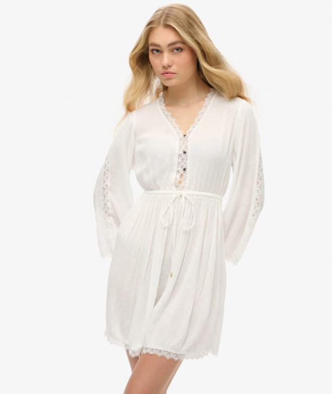Superdry Women's Lace Trim Ibiza V-neck Mini Dress, Cream & White, Size: