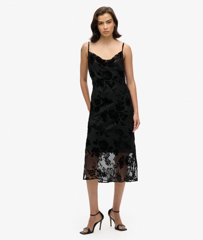 Superdry Women's Floral Devore Cowl Neck Midi Slip Dress, Black, Size: