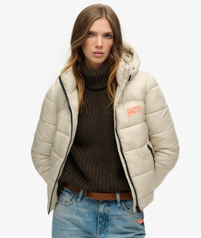 Superdry & Co Women's Sports Puffer Bomber Jacket Beige Pelican Beige - Size: