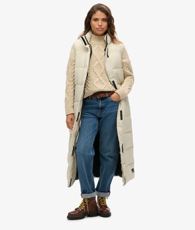 Superdry & Co Women's Ripstop Long Puffer Gilet Beige Pelican - Size: