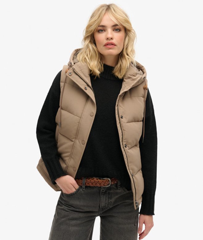 Superdry & Co Women's Everest Hooded Puffer Gilet, Brown, Size: