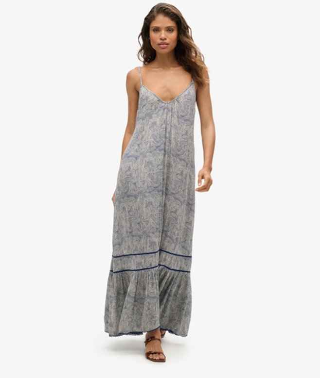 Superdry & Co Women's Printed Long V-neck Cami Dress, Navy & White, Size: