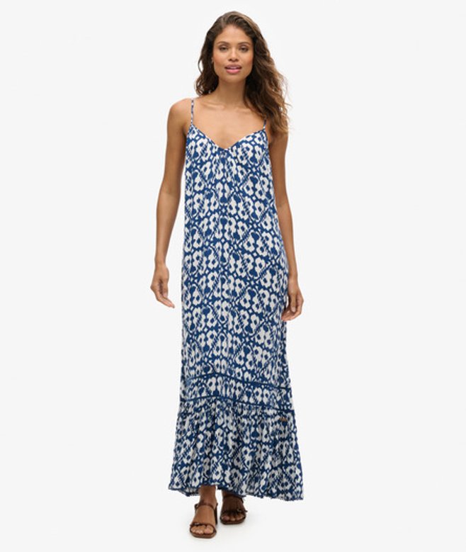 Superdry Women's Embroidered Long Beach Cami Dress, Blue & White, Size: