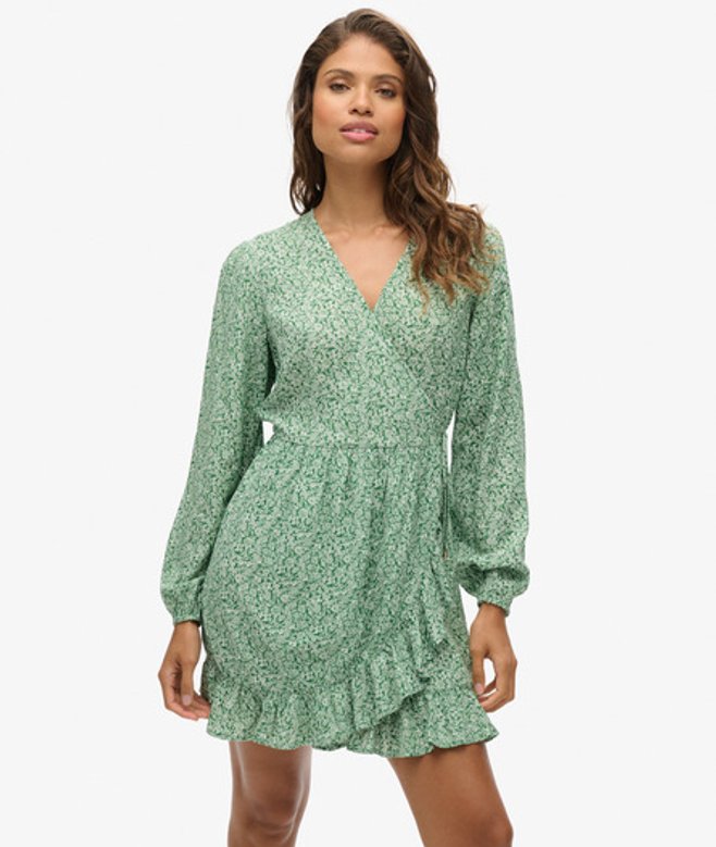 Superdry & Co Women's Printed Long Sleeve Wrap Mini Dress Green Meadow Ditsy Green - Size:
