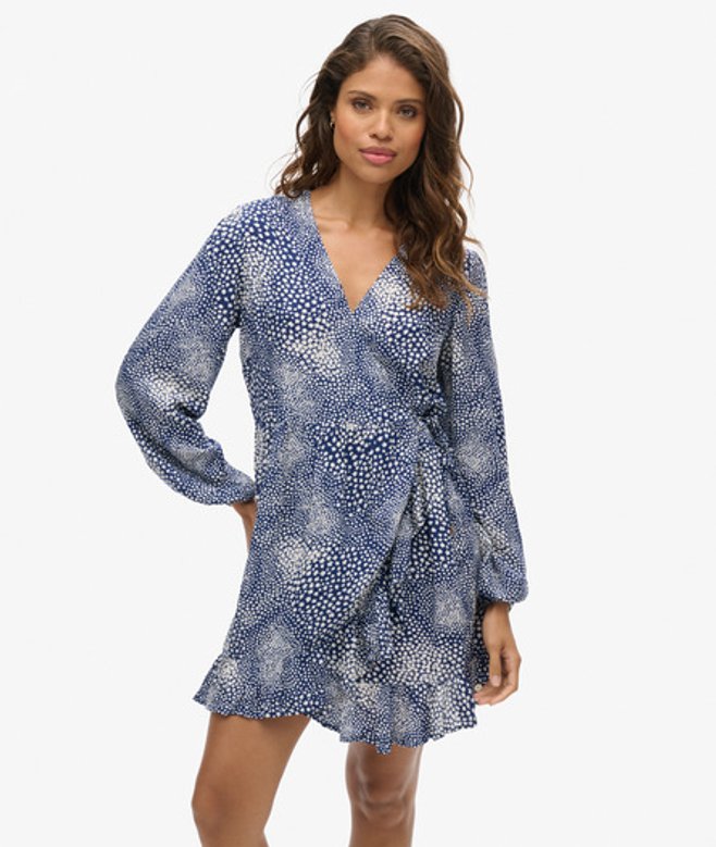 Superdry & Co Women's Printed Long Sleeve Wrap Mini Dress, Navy & White, Size: