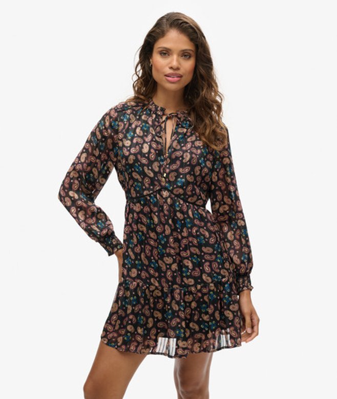 Superdry & Co Women's Paisley Printed Long Sleeve Metallic Mini Dress, Blackgreenbrown, Size: