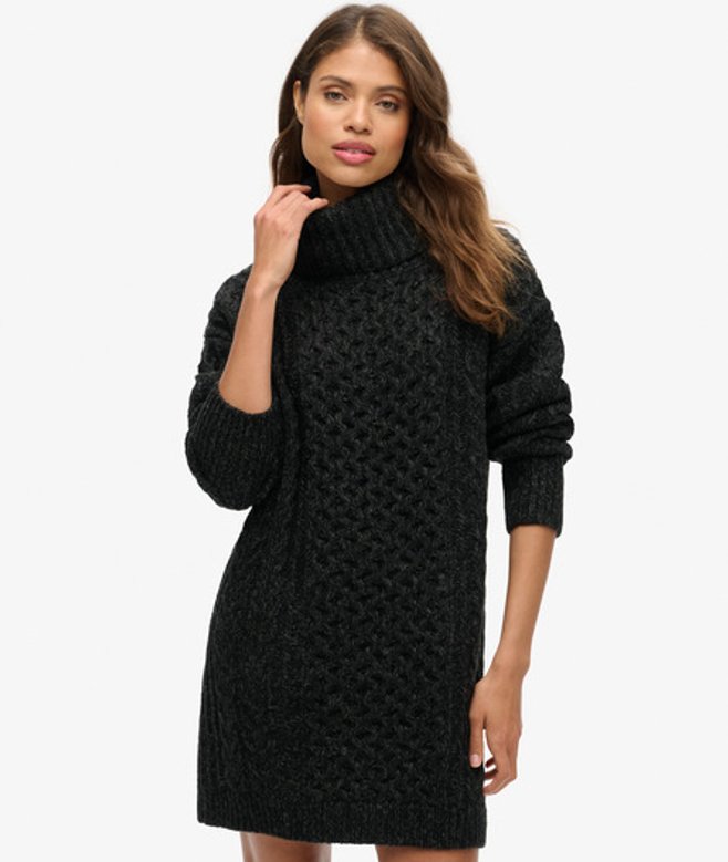 Superdry & Co Women's Long Sleeve Roll Neck Cable Jumper Dress, Black, Size: