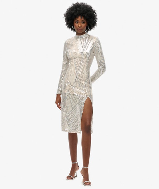 Superdry & Co Women's Sequin Embroidered Open Back Long-Sleeved Midi Dress, Silver, Size: