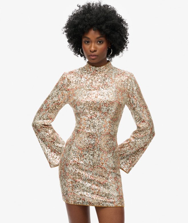 Superdry & Co Women's Slim Fit Paisley Sequin Long-sleeved Printed Mini Dress, Gold, Size: