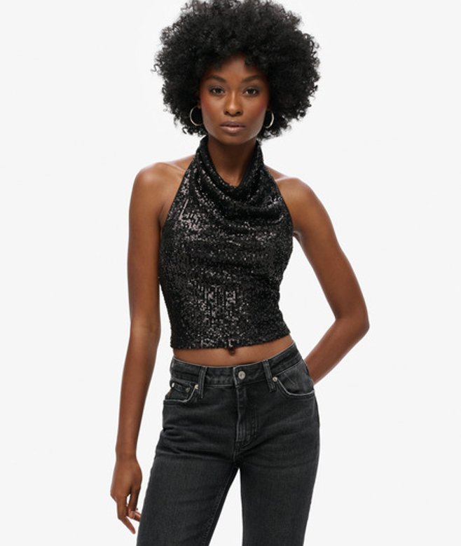 Superdry & Co Women's Sequin Cowl Halter Neck Top, Black, Size: