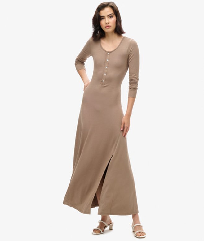 Superdry & Co Women's Half Button Midi Dress Brown Fossil Brown - Size: