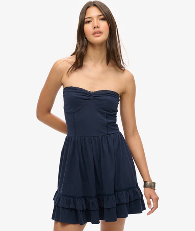 Superdry Women's Cotton s Lace Detail Bandeau Mini Dress, Navy, Size: