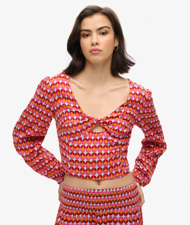Superdry & Co Women's Long Sleeve Woven Crop Top Pink 's Geo Pink - Size:
