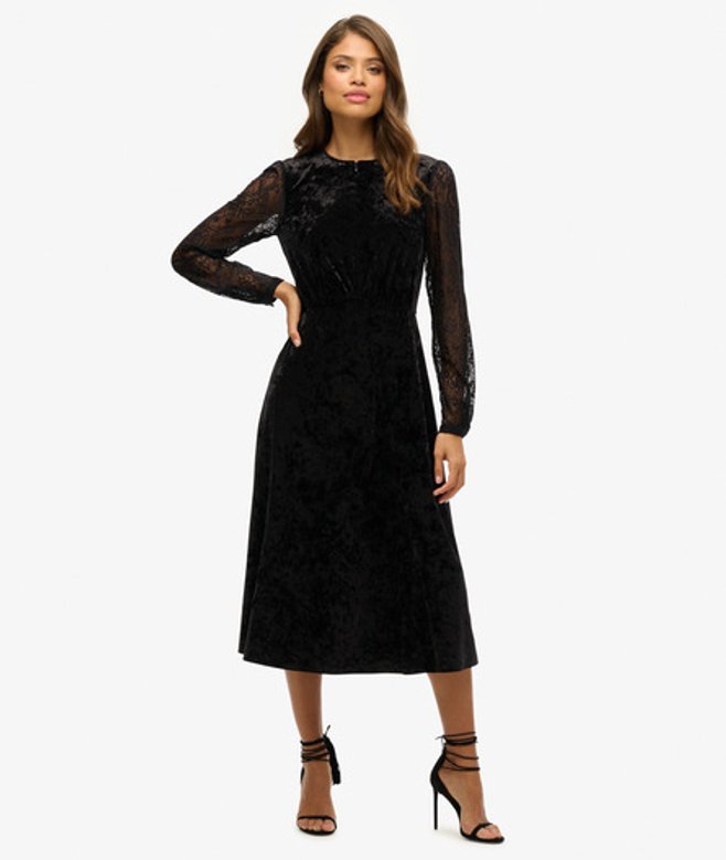 Superdry & Co Women's Lace Sleeve Velvet Midi Dress Black - Size: