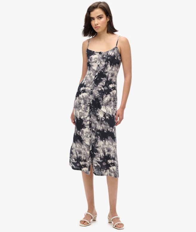 Superdry & Co Women's Tie Dye Printed Button-up Cami Midi Dress, Grey & Black, Size:
