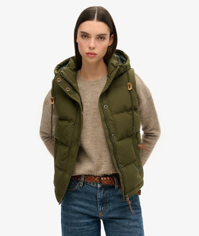 Superdry & Co Women's Everest Slim Fit Logo Patch Hooded Puffer Gilet, Green, Size: