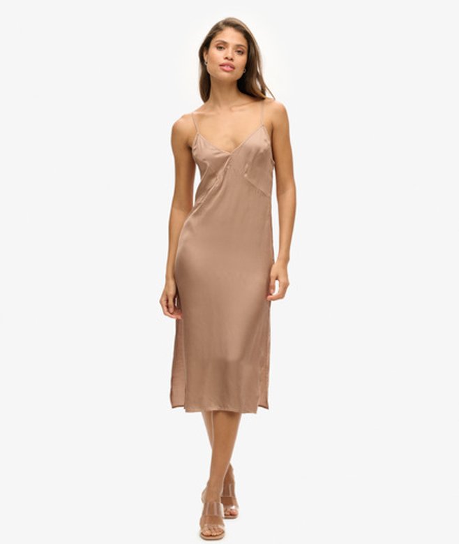 Superdry Women's Satin Cami Midi Dress, Light Brown, Size: