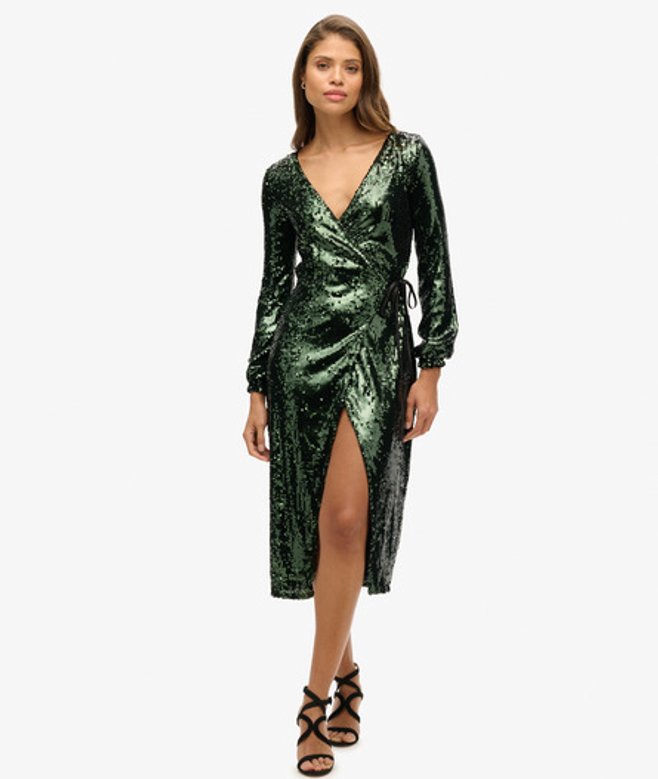 Superdry & Co Women's Fully Lined Sequin Wrap Maxi Dress, Green, Size: