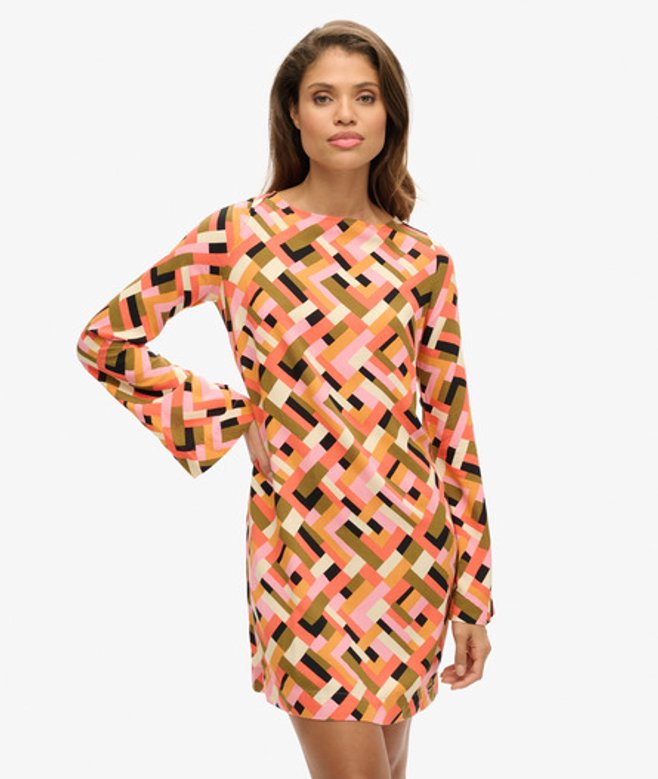 Superdry & Co Women's Retro Printed Open Back Mini Dress, Orange & Black, Size:
