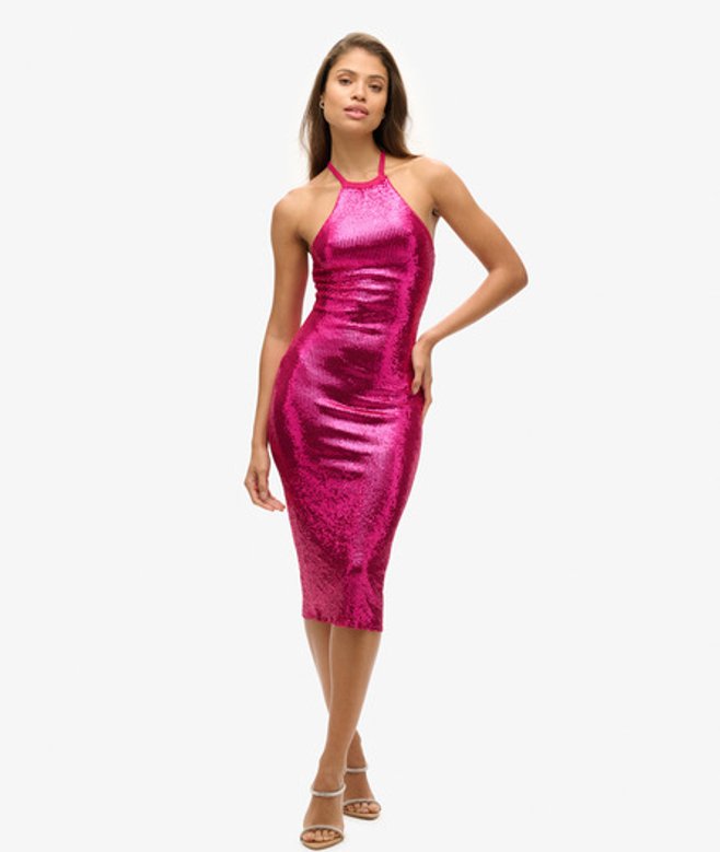 Superdry Women's Sequin Halter Neck Midi Dress, Pink, Size: