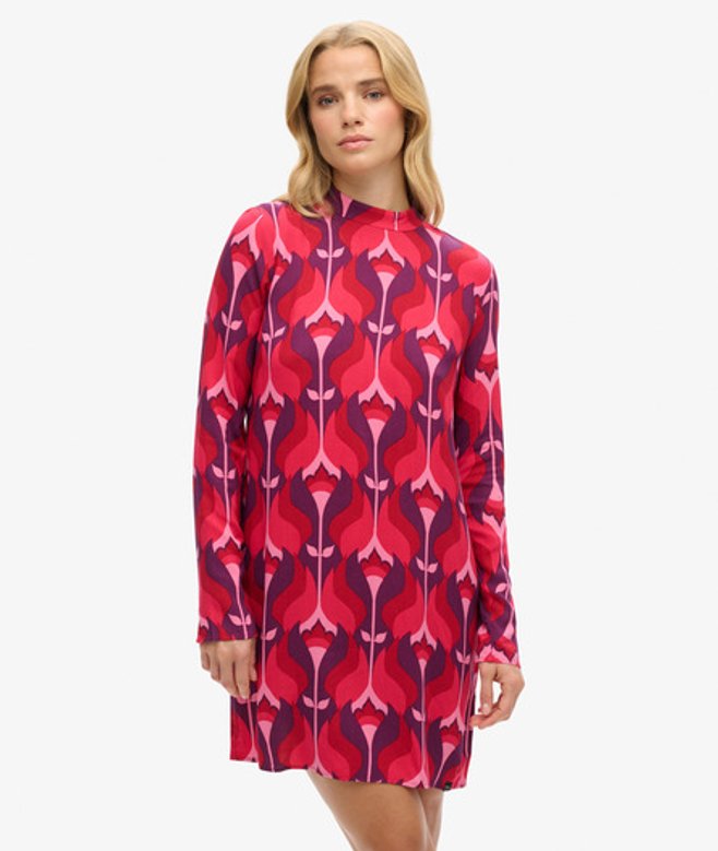Superdry Women's Printed Long Sleeve Mini Dress, Pink & Purple,Size: