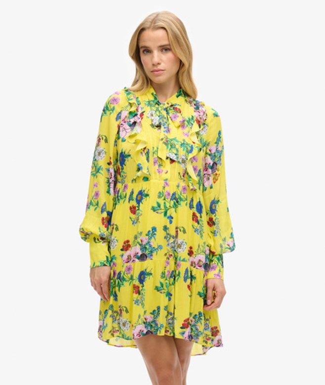 Superdry Women's Floral Print Studios Off Duty Mini Dress, Yellow & Green, Size: