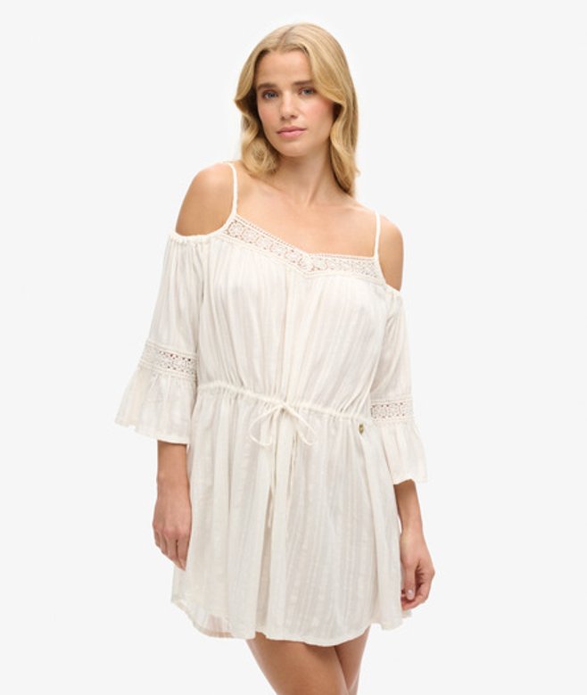 Superdry & Co Women's Loose Fit Cold Shoulder Mini Dress, White, Size: