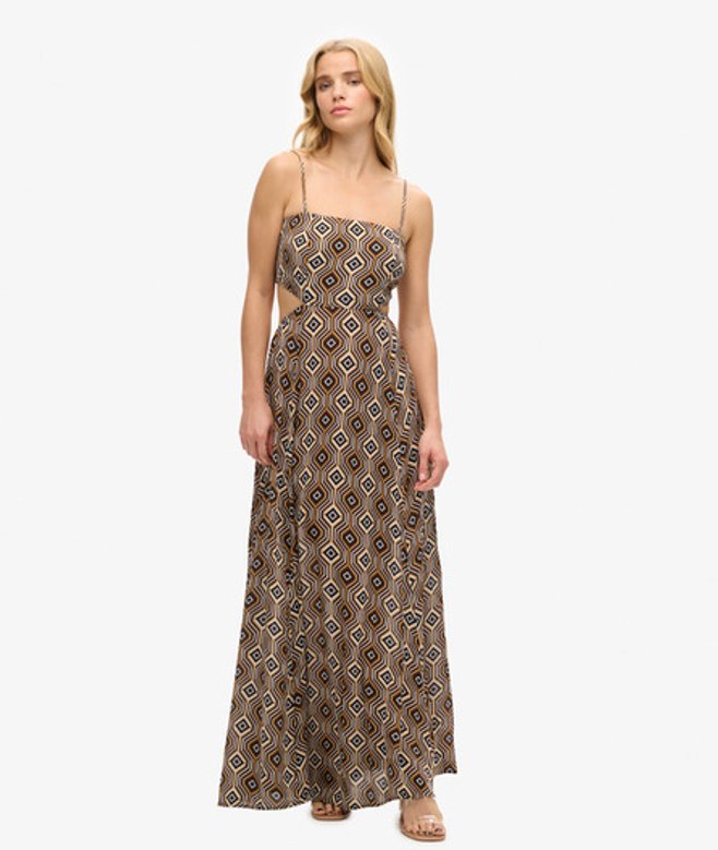 Superdry & Co Women's Printed Sheered Back Maxi Dress, Brown, Size: