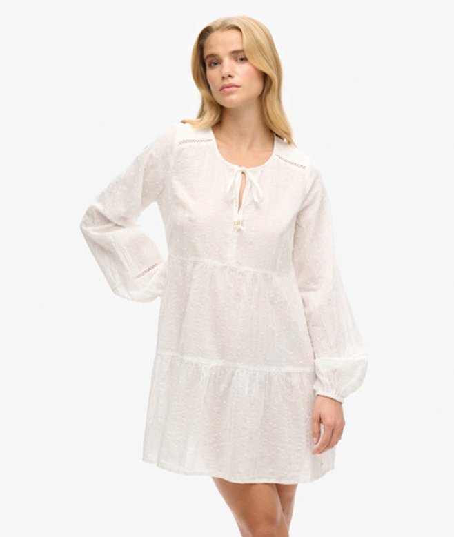 Superdry & Co Women's Ibiza Long Sleeve Tiered Sparkle Mini Dress Cream Off White - Size: