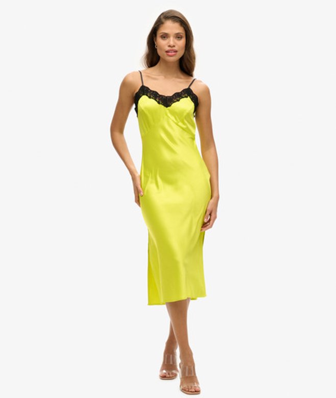 Superdry & Co Women's Lace Satin Midi Dress Yellow Sulphur Spring - Size: