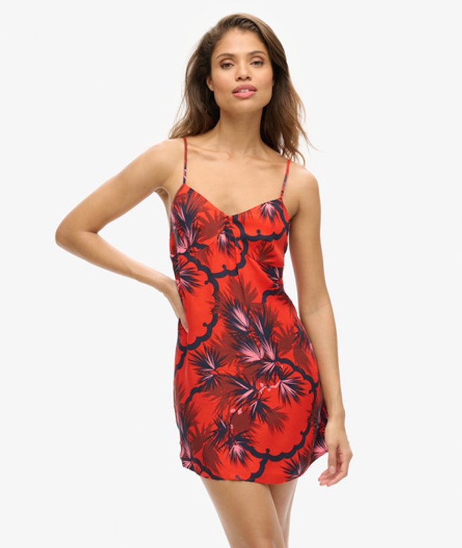 Superdry Women's Cupro Classic Printed Mini Slip Cami Dress, Red, Size: